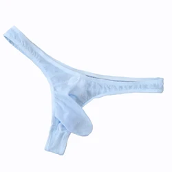 Mens Sexy T-Back Underpants Ice Silk Sheer Bulge Pouch G-String Jacquard Thong Briefs See-through Silky Underwear JJ Sleeve