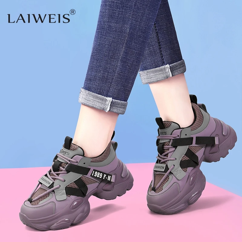 

2024 New Women Spring Chunky Sneakers Thick Bottom Leather Shoes High Platform Vulcanize Shoes Casual Sports Dad Shoes Mesh