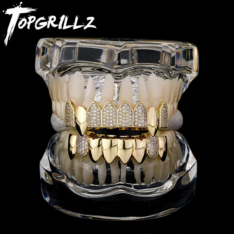 TOPGRILLZ Hip Hop Full CZ Stone Teeth Grillz Caps Cubic Zircon Iced Out Micro Pave Top&Bottom Charm Grills For Men Women Jewelry