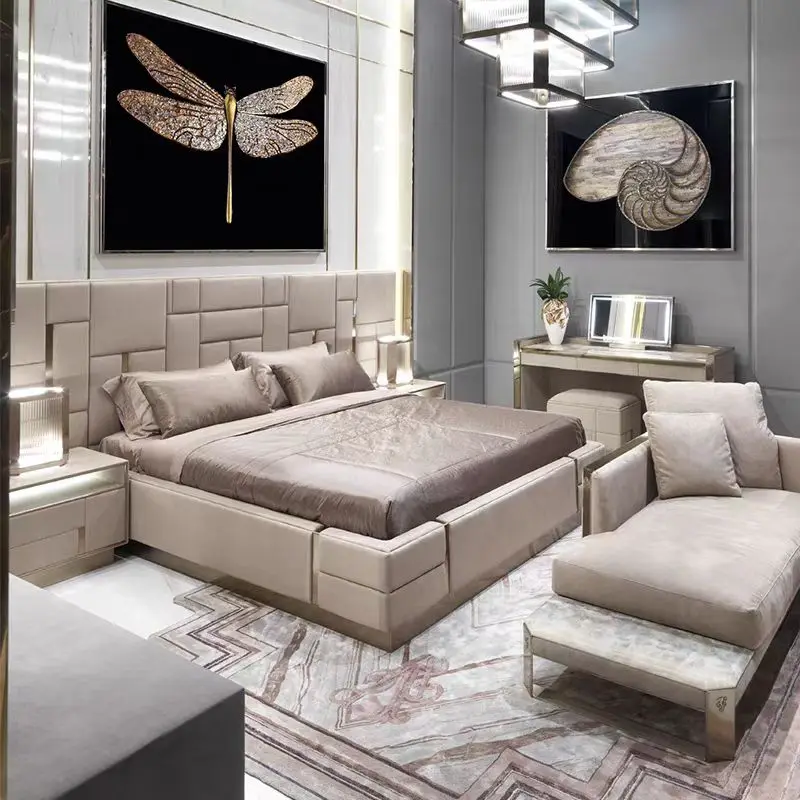 New Design Italian Furniture Storage Metal Classic Bedroom Sets Wedding Queen King Size Bed Modern Genuine Leather Luxury Bed
