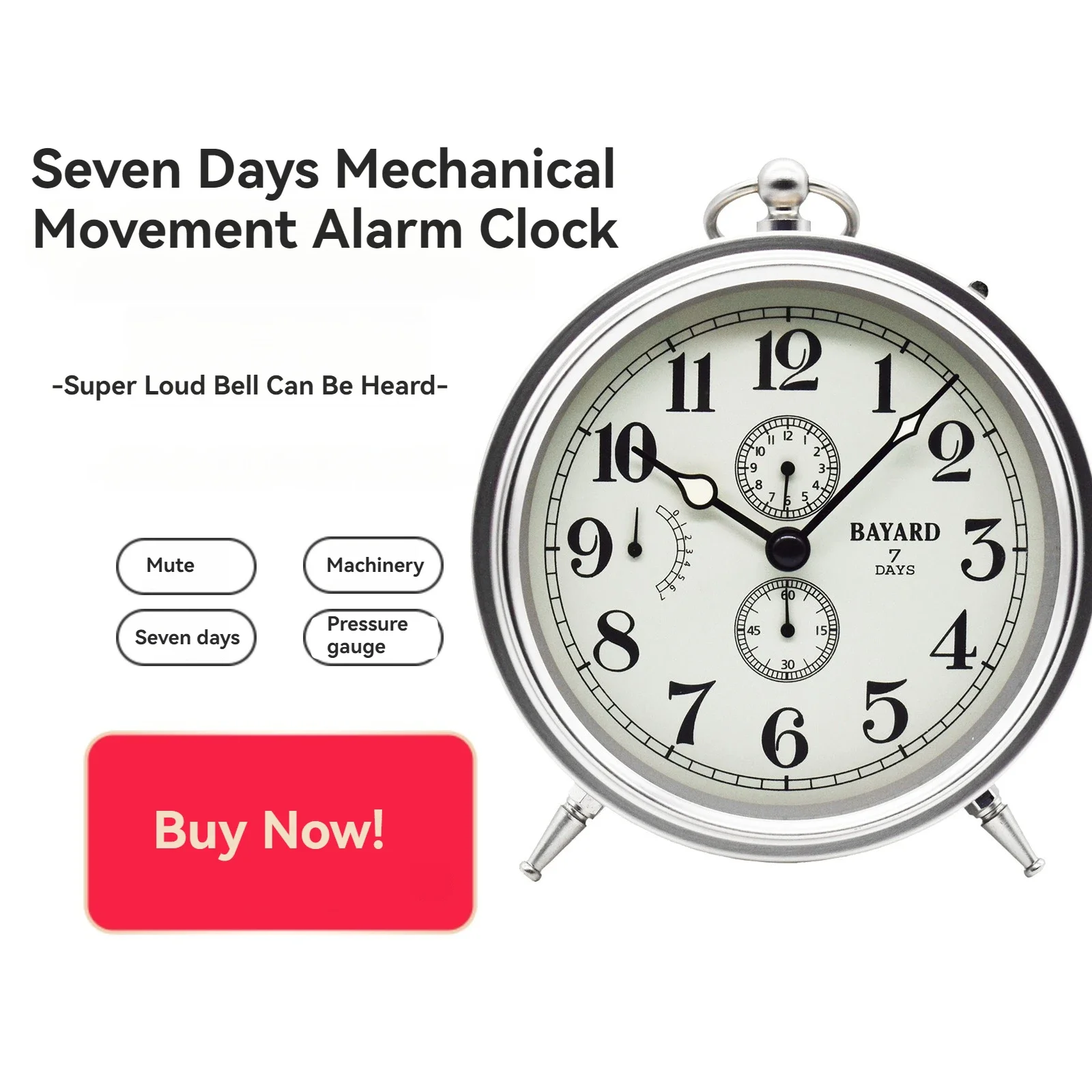 Seven-Day Mechanical Alarm Clock, Modern Clockwork, Creative Metal Design, Simple with Ultra-Loud Volume