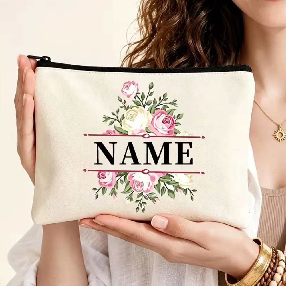 Personalized Name Floral Cosmetic Bag, Custom Rose Canvas Makeup Pouch, Customized Travel Zipper Storage Gift for Women