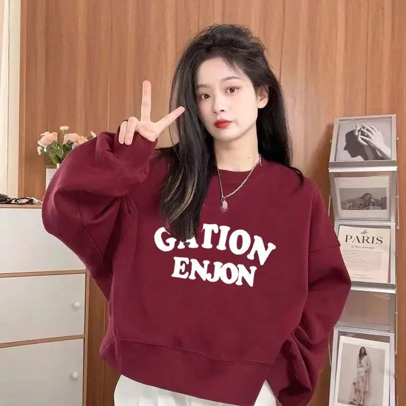 Wine Red Plus Velvet Thick Short Hoodie Woman's Top Loose Niche American Style O-neck Trend Multi-element Graffiti Youth Casual