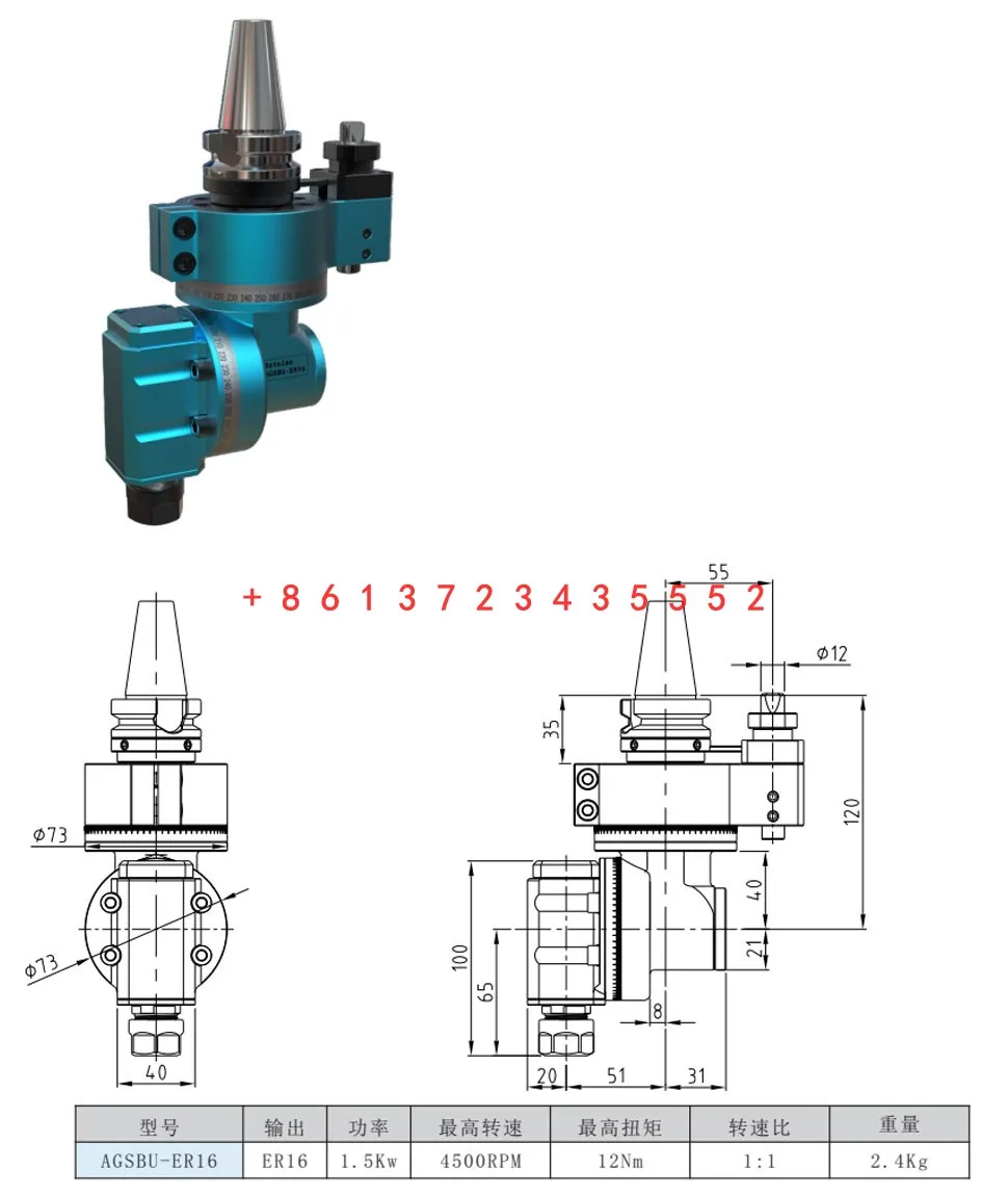 BT30 ER11/16/20/25 pequena cabeça angular CNC leve cabeça de fresagem lateral universal