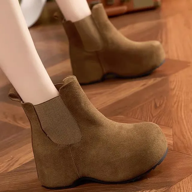 

Leather Thick Bottom Chelsea Boots Women's Slip-On Winter Warm Fleece Mid-Calf Booties round Toe Wedge Heel Fashion Boots