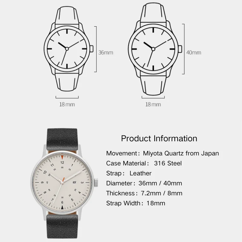Quartz Watch with Miyota Quartz Movement from Japan Ultra Thin Series with 36mm and 40mm Diameter 7.2mm and 8mm Thickness