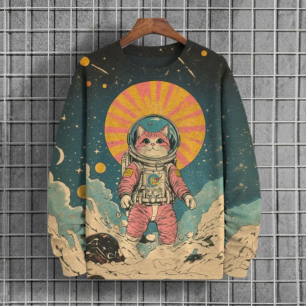 

Funny Space Cat Print Men's Sweatshirts Casual O-neck Loose Pullover Hip Hop Trend y2k Clothes Autumn Winter Fashion Hooded Tops
