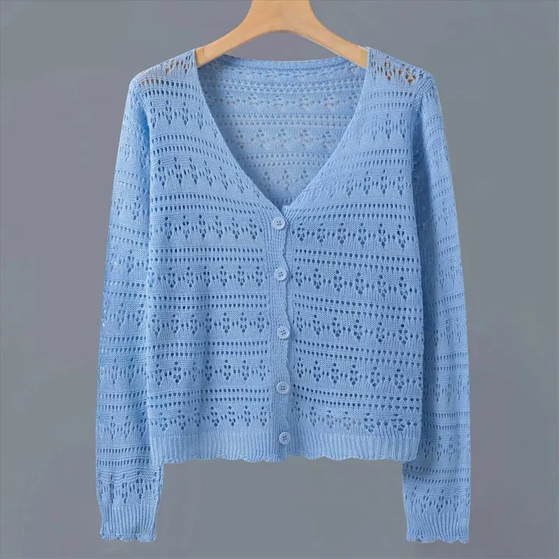 

Summer Fashion New Style Simplicity Solid Color Knitwear Women Clothes Casual All-match Long Sleeve Short Style Hollow Out Tops