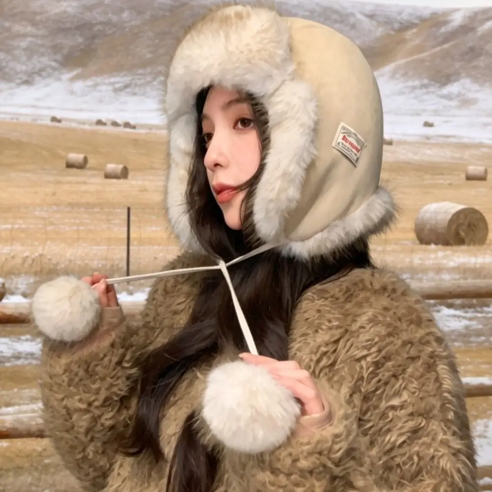 Polyester Fleece Lined Trapper Hat Pom Poms 56-58cm Head Circumference Ear Flap Ushanka Hat Windproof Winter Cycling Hat