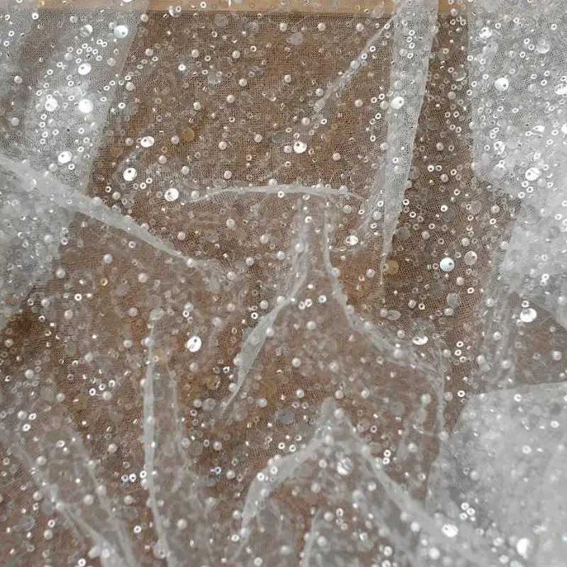 Tela de encaje de malla de lentejuelas con bordado de cuentas de varios colores, cifrado de 1,5 m de ancho, para vestidos de novia, ropa de escenario