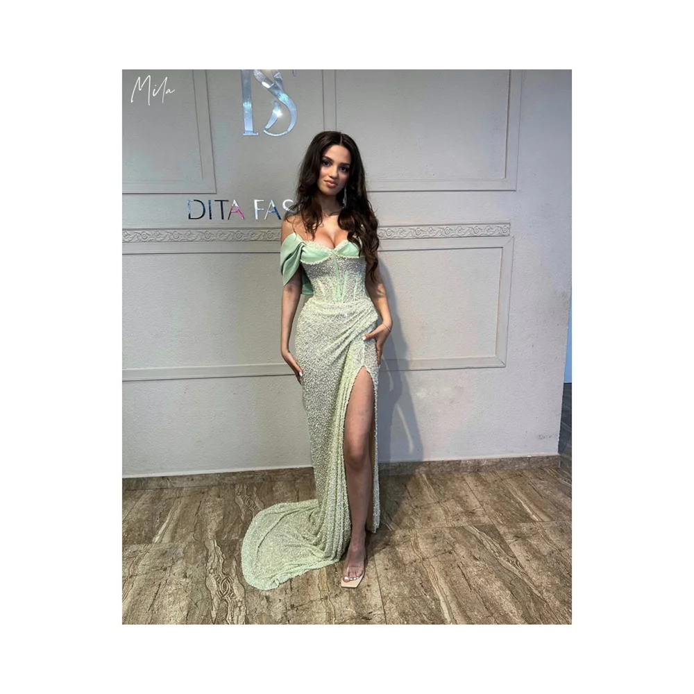 

Mila Green Side High Split Prom Dress Sleeveless Customized Luxurious Evening Women Dresses Court Train vestidos de fiesta