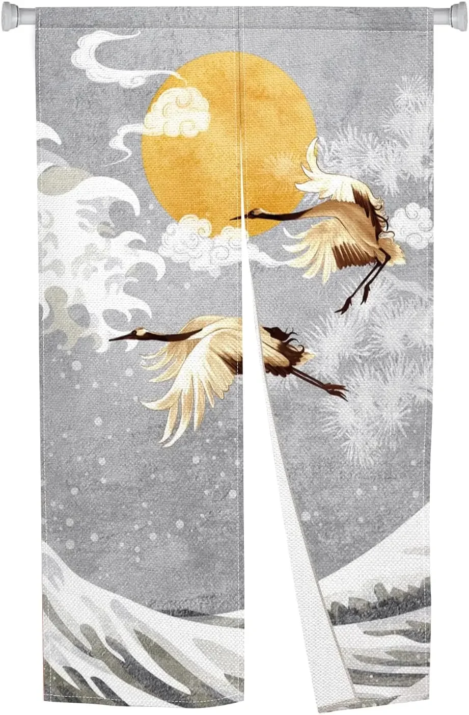 Doorway Curtain Japanese Style Door Tapestry Cranes Waves Gold Full Moon Printed Window Treatment Panel for Room Divider Kitchen