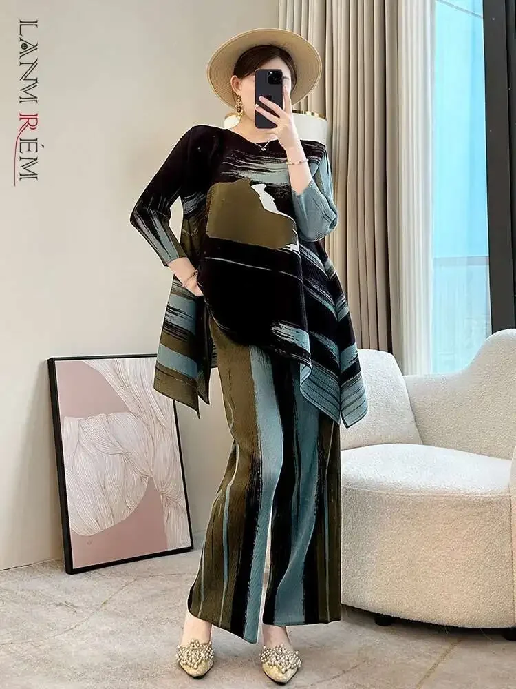 

LANMREM Chic Printting Pleated Two Pieces Set For Women 2025 New Loose Casual Pullover Tops And Elastic Waist Pants Sets 2DB2551