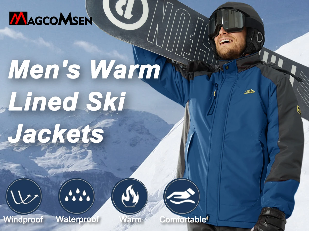 MAGCOMSEN Men's Ski Jacket Winter Warm Wool Parka Warm Thick Coat Windproof Rainproof Snowproof Hiking Men's Snowboard Jacket