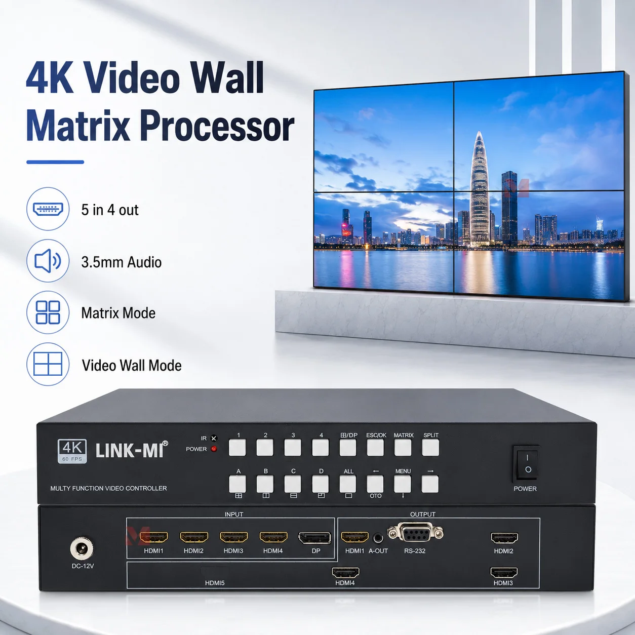 4K Video Wall Processor 4x4 HDMI Matrix Switcher DP Input Seamless Quad View Video Wall Controller RS232 IR Control