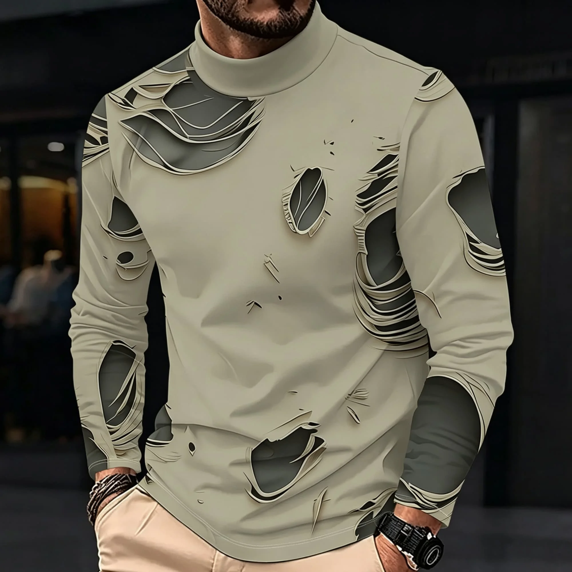 3D Visual Illusion Fake Ripped Design Men Mock Neck Long Sleeve T‑Shirt Casual Daily Fashion Pullover Tops