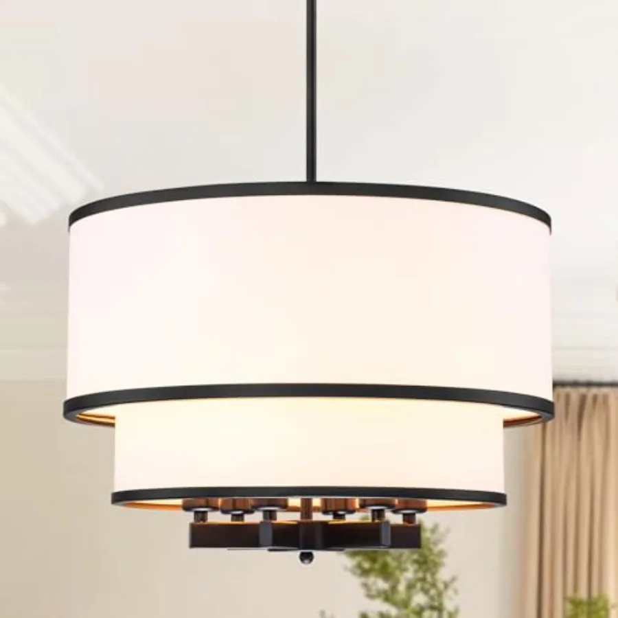 

20" Modern Black Double with Fabric Shade Adjustable Height 6-Light Pendant Light for Dining Room Kitchen Island Living Room Be