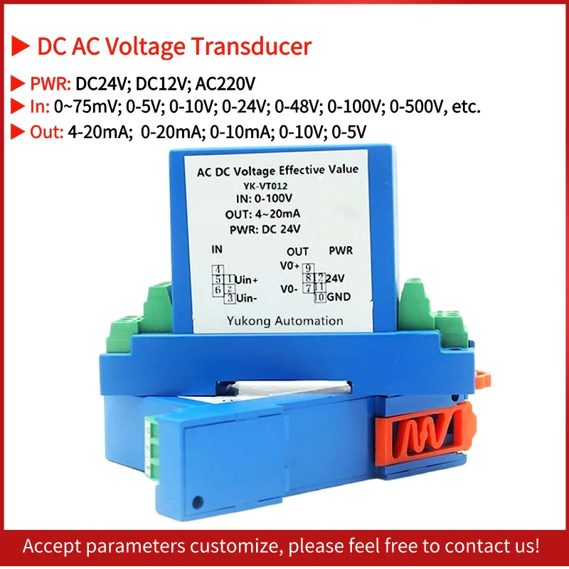 AC DC Voltage Transmitter 75mV 20V 50V 100V 200V 300V 500V Transducer Sensor 4-20mA 0-10V 0-5V Output