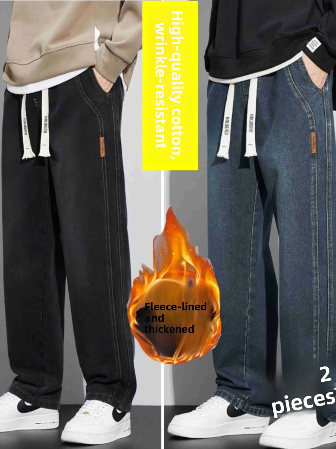 

Thiened Fce Men's Jeans Straight Leg Retro American Loose Warm Winter Casual Cotton Stretch Denim mid Waist Dstring