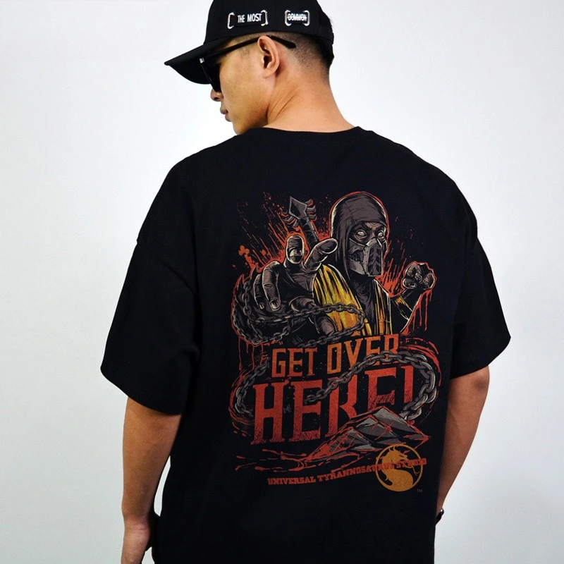 Camiseta Gráfica Mortal Kombat Scorpion Get Over Here, Verano 2026, Camiseta de Algodón para Hombre, Estilo Urbano, Manga Corta, Talla Grande