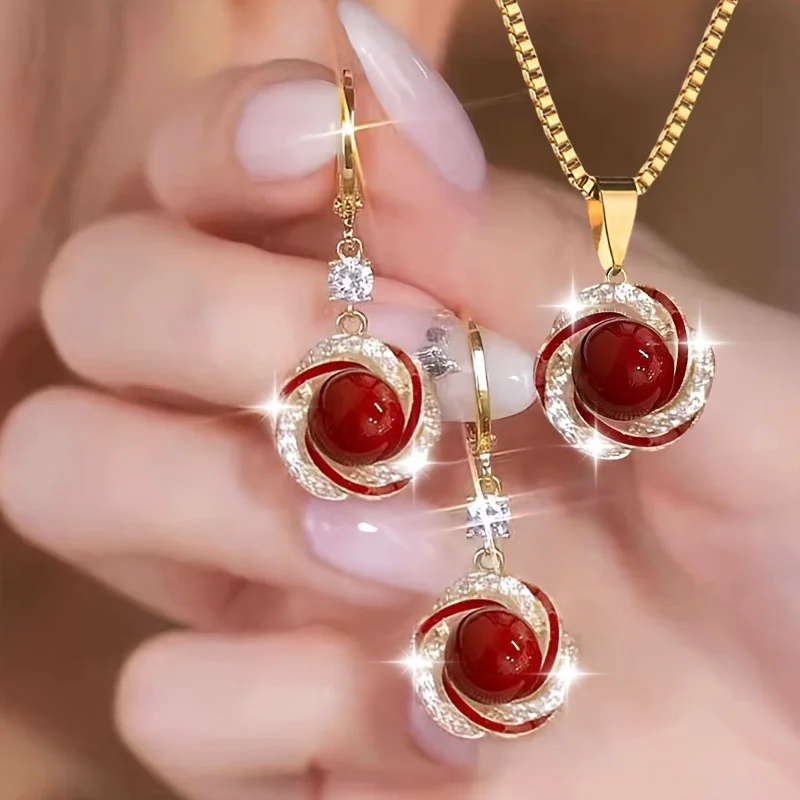 3pcs Shining Zircon Flower Jewelry Sets for Women Light Luxury Imitation Pearl Pendant Necklace Earrings Banquet Party Jewelry