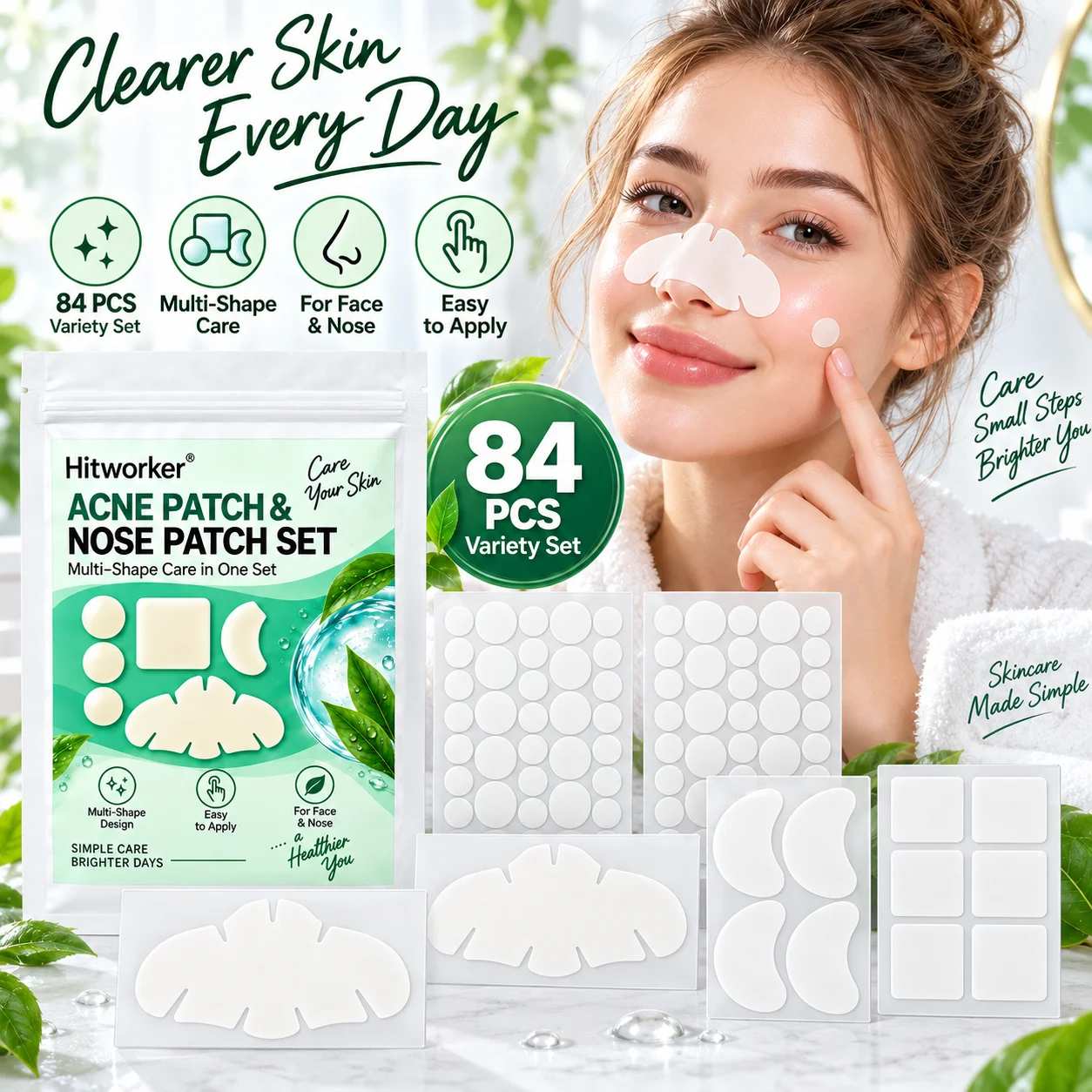 84PCS Hydrocolloid Pimple Patch & Nose Patch Set Multi Shape Round Square Crescent Face Patches Ultra Thin Daily Skin Care