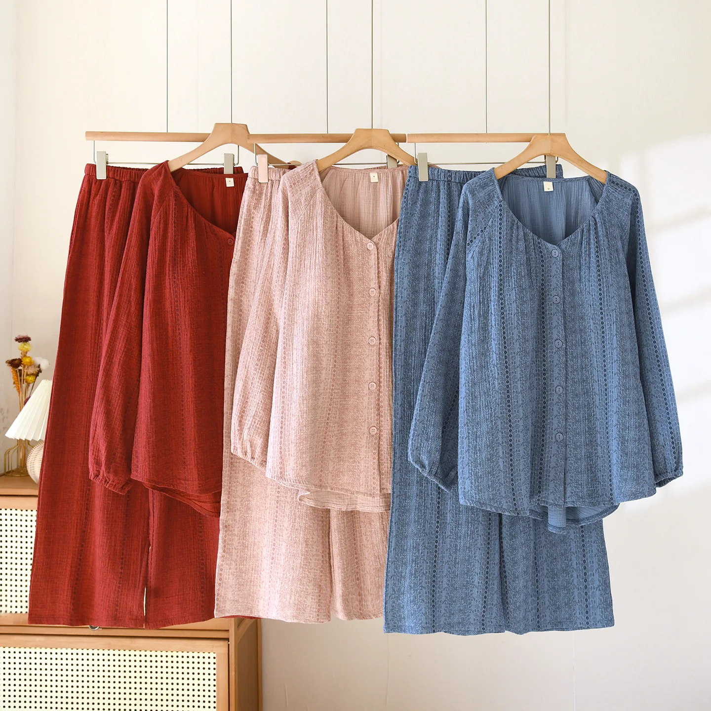 Women's Summer Pajama Set Cotton with Chest Pad V-Neck Long Sleeve Shirt Pants Home Clothes Two Piece Set