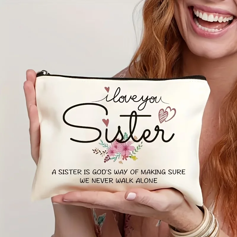 Love You Sister Canvas Bag Fade Resistant Zipper Portable Multifunctional Makeup Pouch Travel Snack Pen Bag Perfect Gift for Sis