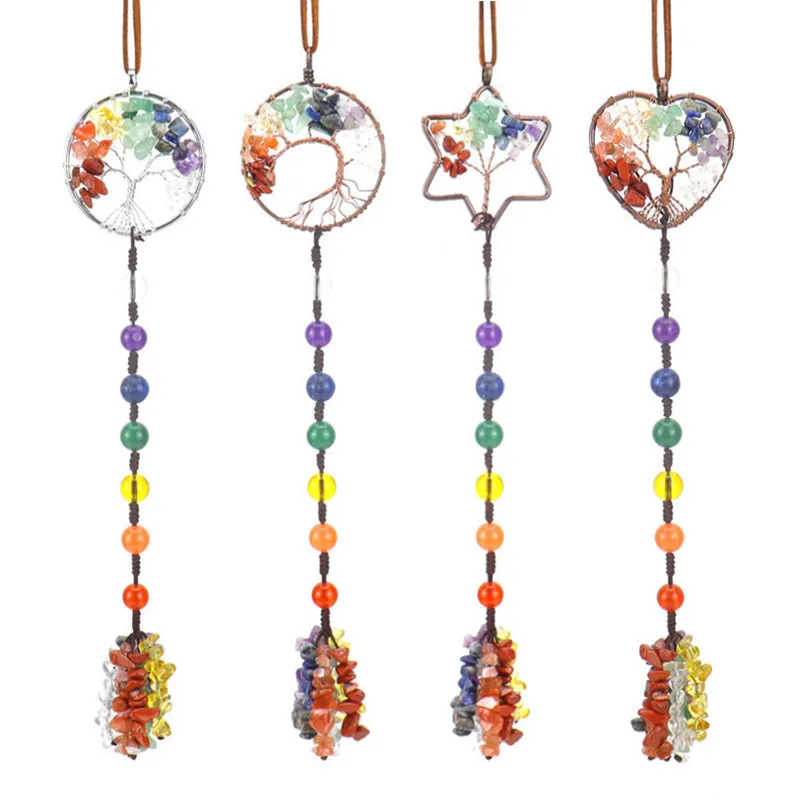 Colorful Tree of Life Natural Stones Crystals Home Decor Good Luck Ornaments Chakra Suncatcher Room Hanging Decorative for Car