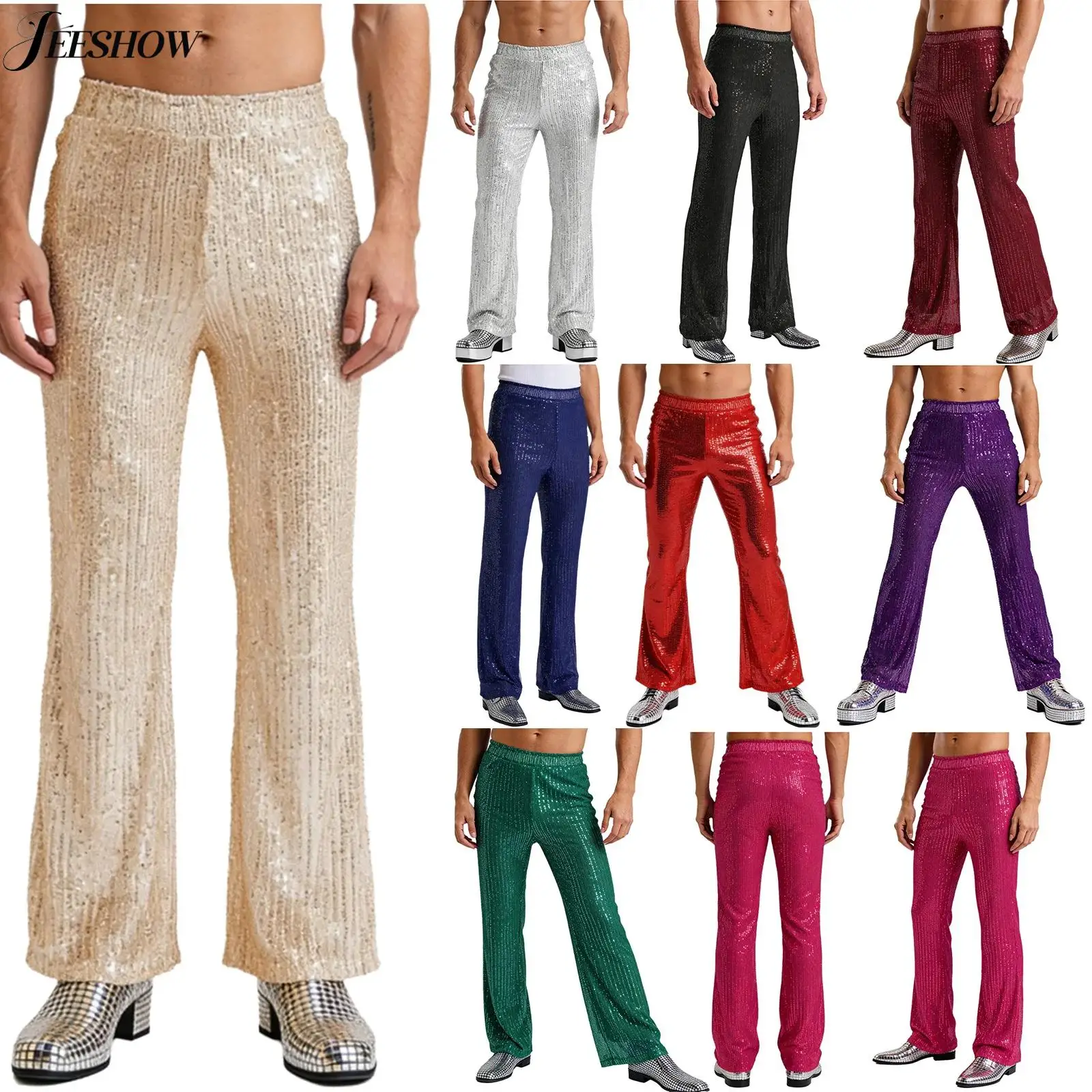 Mens Shiny Sequin Wide Leg Pants Elastic Waistband Full Lining Loose Straight Leg Pants Jazz Dance Trousers for Club Rave Party