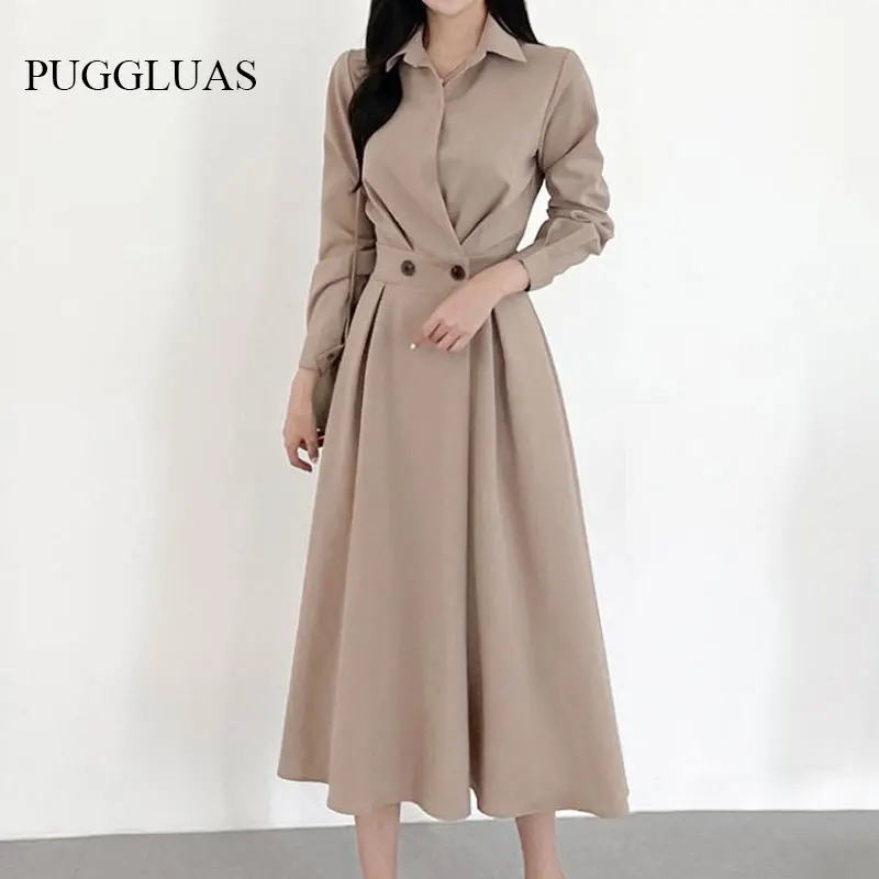 

2023 Korea Women Solid Dress Spring Elegant Button Design Office Lady Long Sleeve A Line Midi Dress French Chic Lapel Vestido