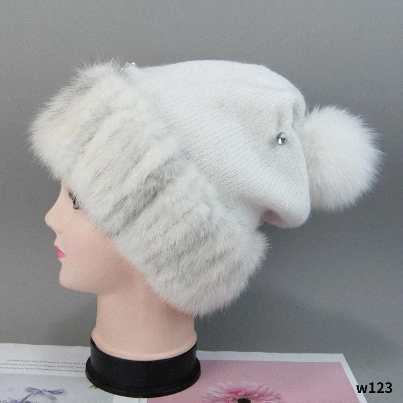 2025 Hot Sale Women Fashion Real Mink Fur Knitted Hats Female Knit Good Elastic Mink Fur Beanies Cap Winter Warm Natural Fur Hat