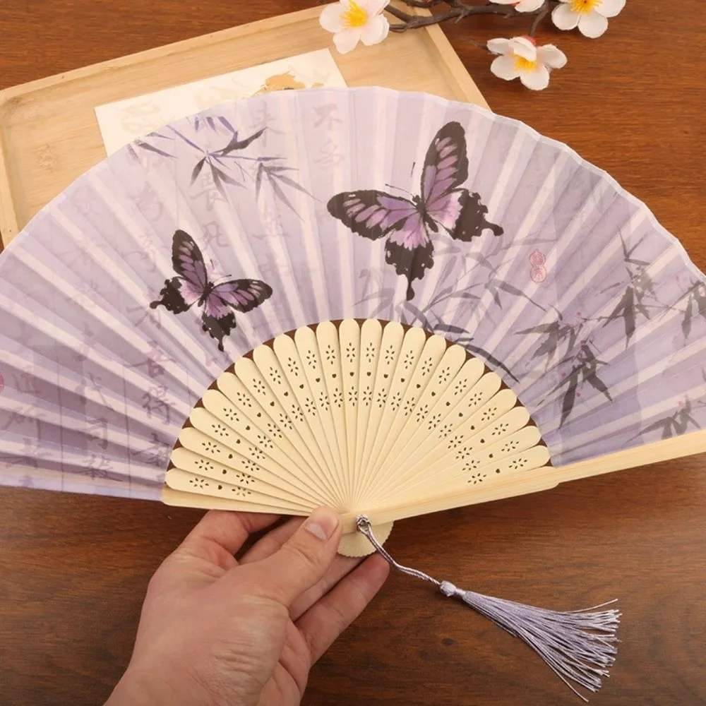 Portable Chinese Style Silk Folding Fan Handmade Butterfly Pattern Retro Bamboo Fan with Tassel Cooling Handheld Fan Party Props