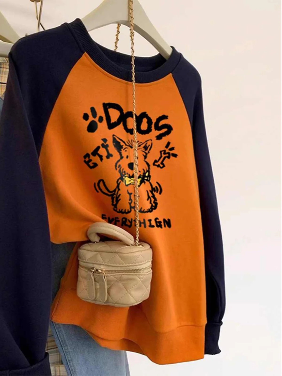Retro American oulder Sweatirt Women's Spring Autumn New Cartoon Happy Dog Print Color Blo Long Sve Top