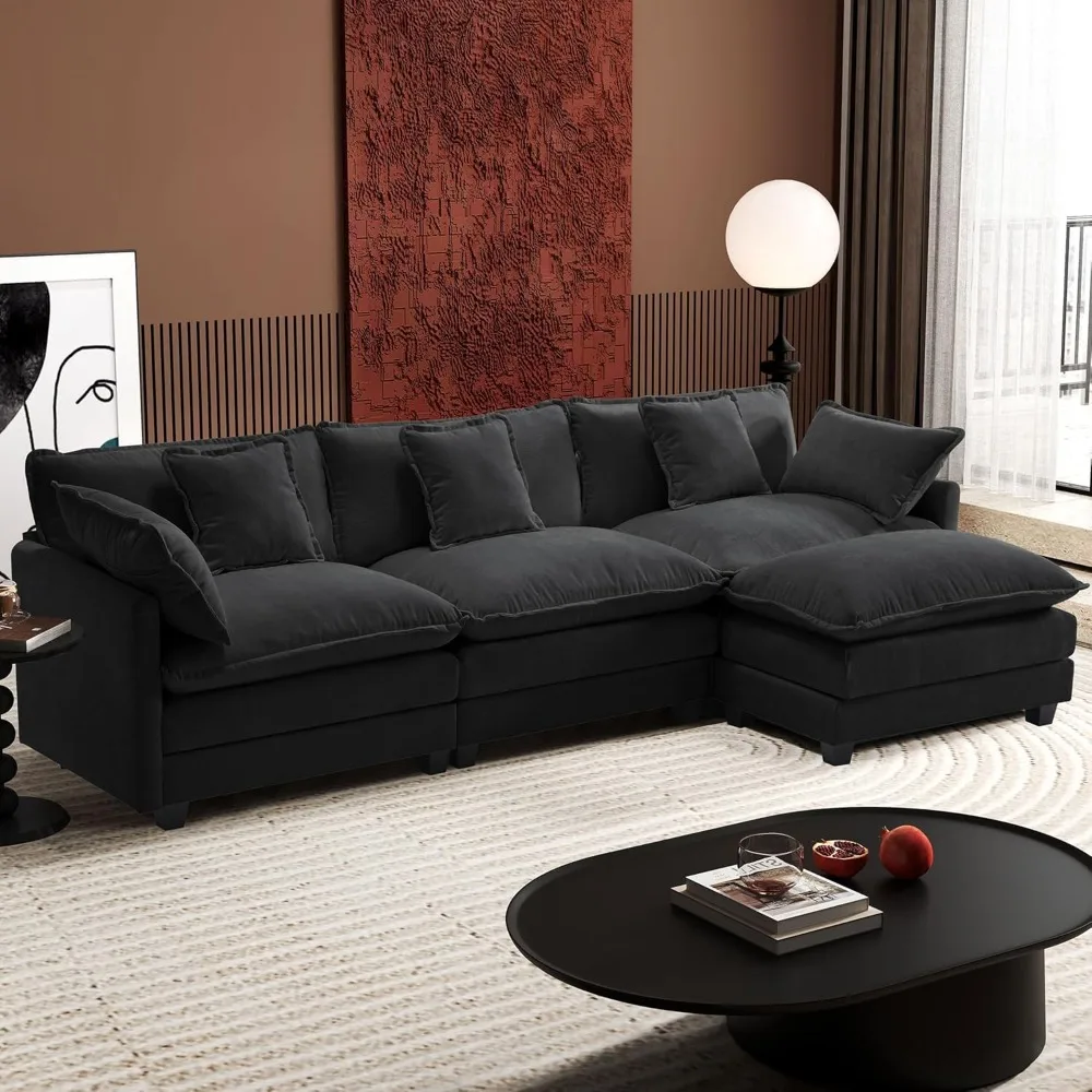 

111.4" L Shaped Modern Sofa Modular Sectional Cloud Couch with Ottoman, 4-Seat Chenille Deep Seat Sofa with Pillow