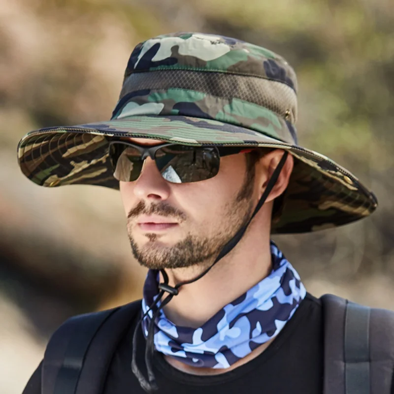 Summer Men Breathable Sun Hat Outdoor Traveling Fishing Hiking Hats Sunscreen Fisherman Bucket Hat Wide Brim Male Cap UV Protect