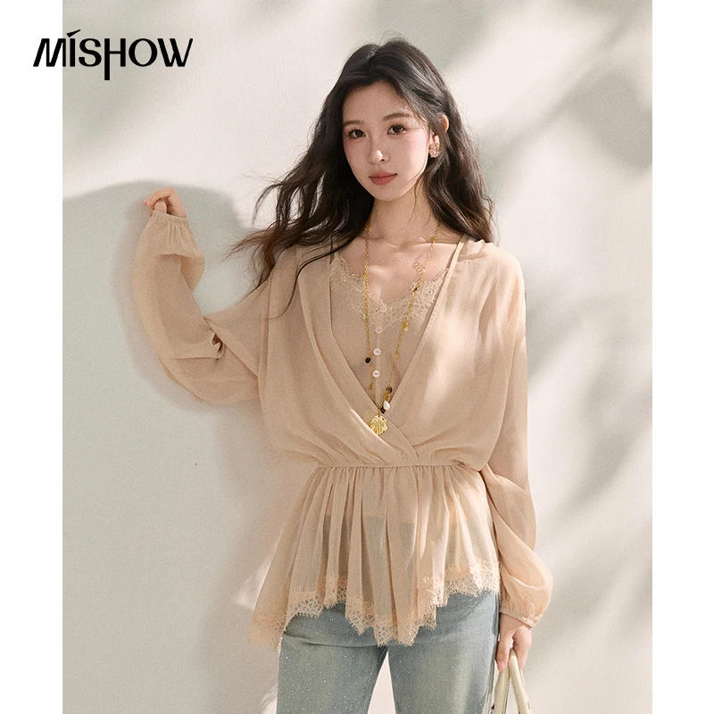 

Женская блузка MISHOW в французском стиле, бежевая, из прозрачного шифона, с V-образным вырезом, кружевной отделкой, эластичной талией и баской, для весны и лета MXF16T1588