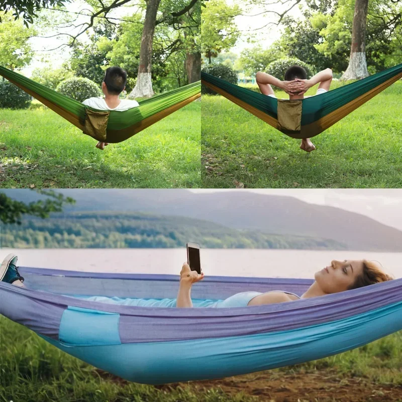 Single Double Person Portable Outdoor Camping Hammock With Nylon Color Matching Hammock High Strength Parachute Fabric Hanging