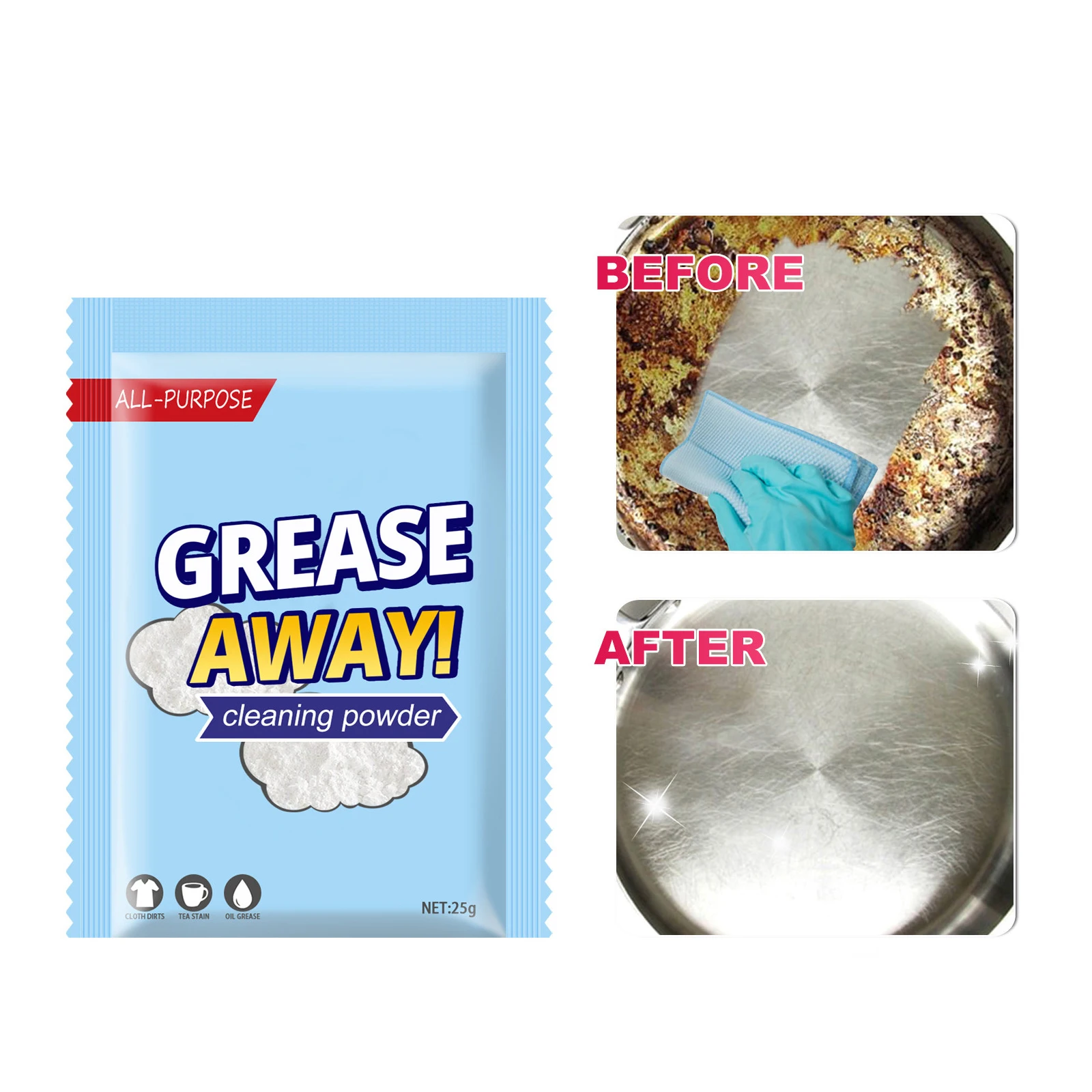 Grease Away Powder Cleaner Stainless Steel Cleaner Powerful Dirt Stain Remover Degreaser Kitchen Cleaning Powder Free Shipping