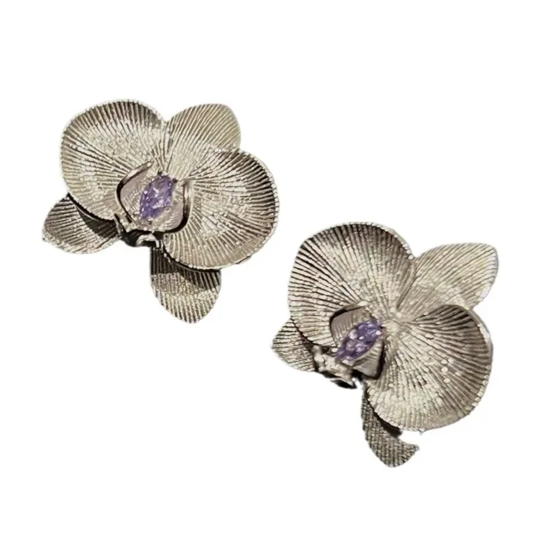 Fresh moth orchid Flower Purple Crystal earrings for women Light Luxury Exquisite wire drawing earings stud  Romantic Jewelry