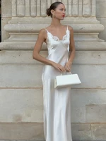 Lace Patchwork Sling Maxi Dress Women Sexy Solid V-neck Sleeveless Backless Satin Slim Long Gown Lady Chic Evening Party Dresses