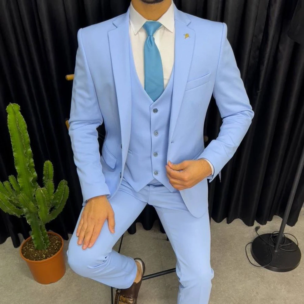 

High-end Men Suits Fashion Notch Lapel Sky Blue Suit Slim Fit Solid Color 3 Piece Business Formal Custom Wedding Casual Tuxedo