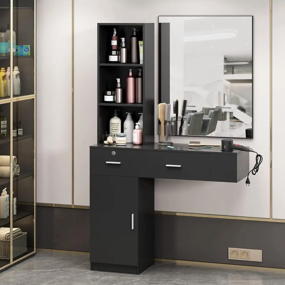 RESHABLE Wall Mount Sn Station with Mirror, Beauty Sn Barber Spa Equipment with Mirror, Shelves, Cabinet, Locking Ders, Table, S