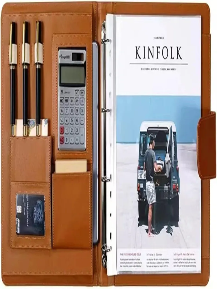 Aktentasche aus Leder im A4-Format, ausgestattet mit Taschenrechner und Stifthalter, professionelle Version, Aktentasche mit 4 Ringen, geeignet für verschiedene Orte