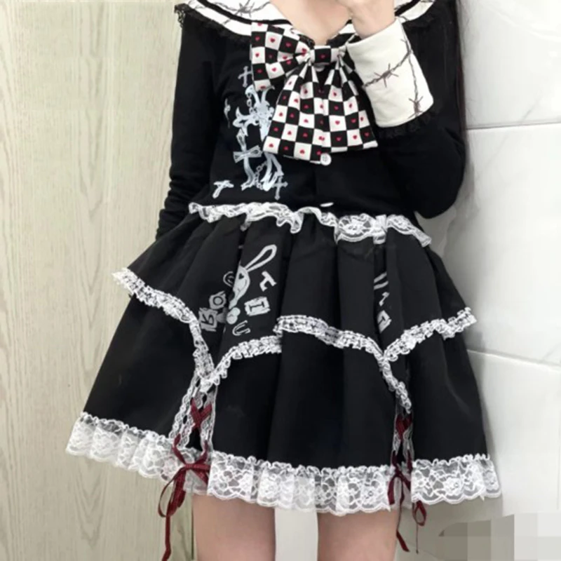 Japanse Harajuku Vrouwen Rokken Gothic Schedel Print Zwarte Kanten Rok Y 2K Punk Lolita Hoge Taille Cake Mini Rok Chique Streetwear