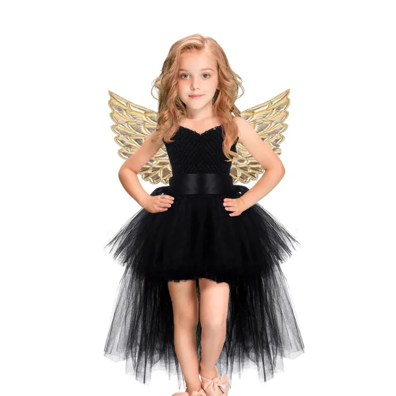 Halloween Hexe Prinzessin Kleid Geburtstag Party Cosplay Engel Overall Kinder Mesh Tutu Rosa Spitze Sling Vampir Kostüm für Mädchen