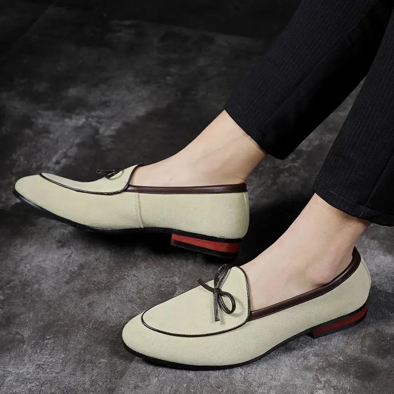 Cow Suede Loafers for Men Bowknot  Round Toe  Slip-On Fashion Business Handmade Men's Shoes 