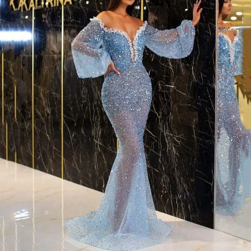 Chic Women Off Shoulder Puff Sleeve Sequin Mesh Mermaid Evening Dress Deep V Party Formal Gown S-XL