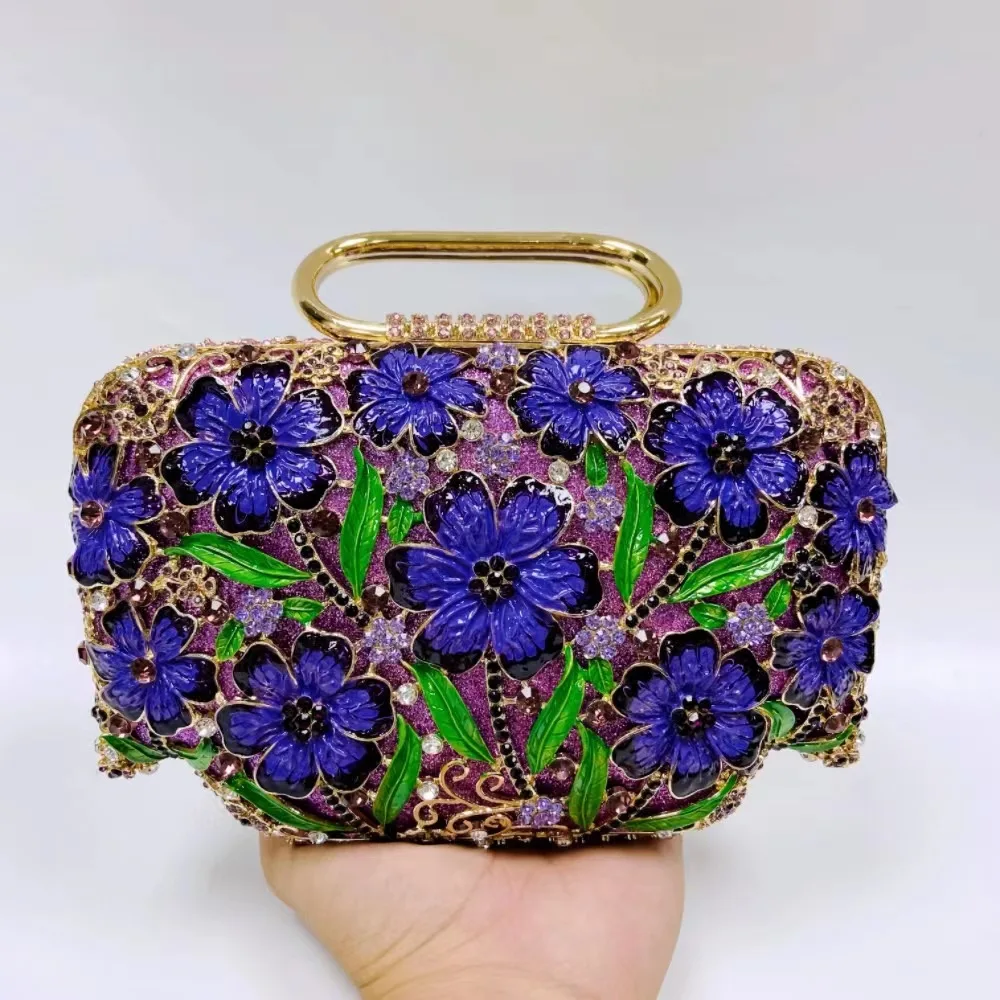 Woman Wedding Bridal Colorful Flower Purse Floral Crystal Banquet Dinner Evening Bag With Handle Diamond Party Handbags