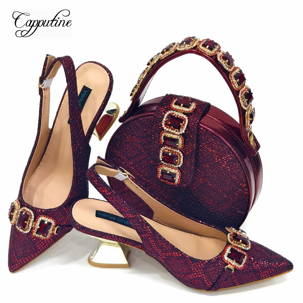 Wine Women Shoes And Bag Set Luxury African Ladies High Heels Pumps Match With Handbag Sandals Escarpins Femme Sandales CR875